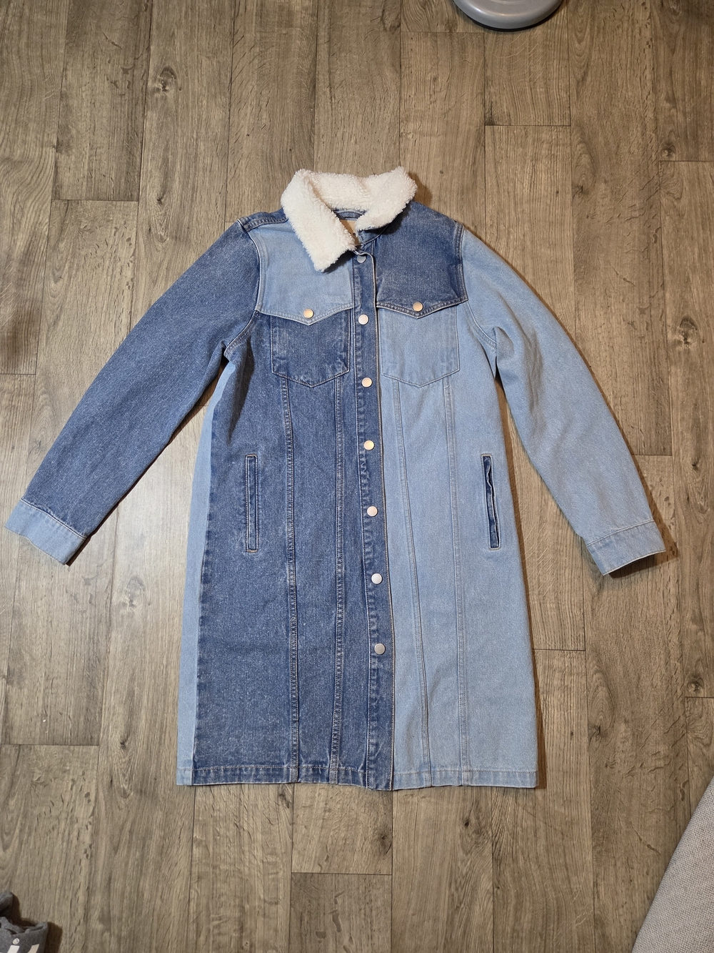 blank nyc two-tone blue denim long coat with white sherpa collar